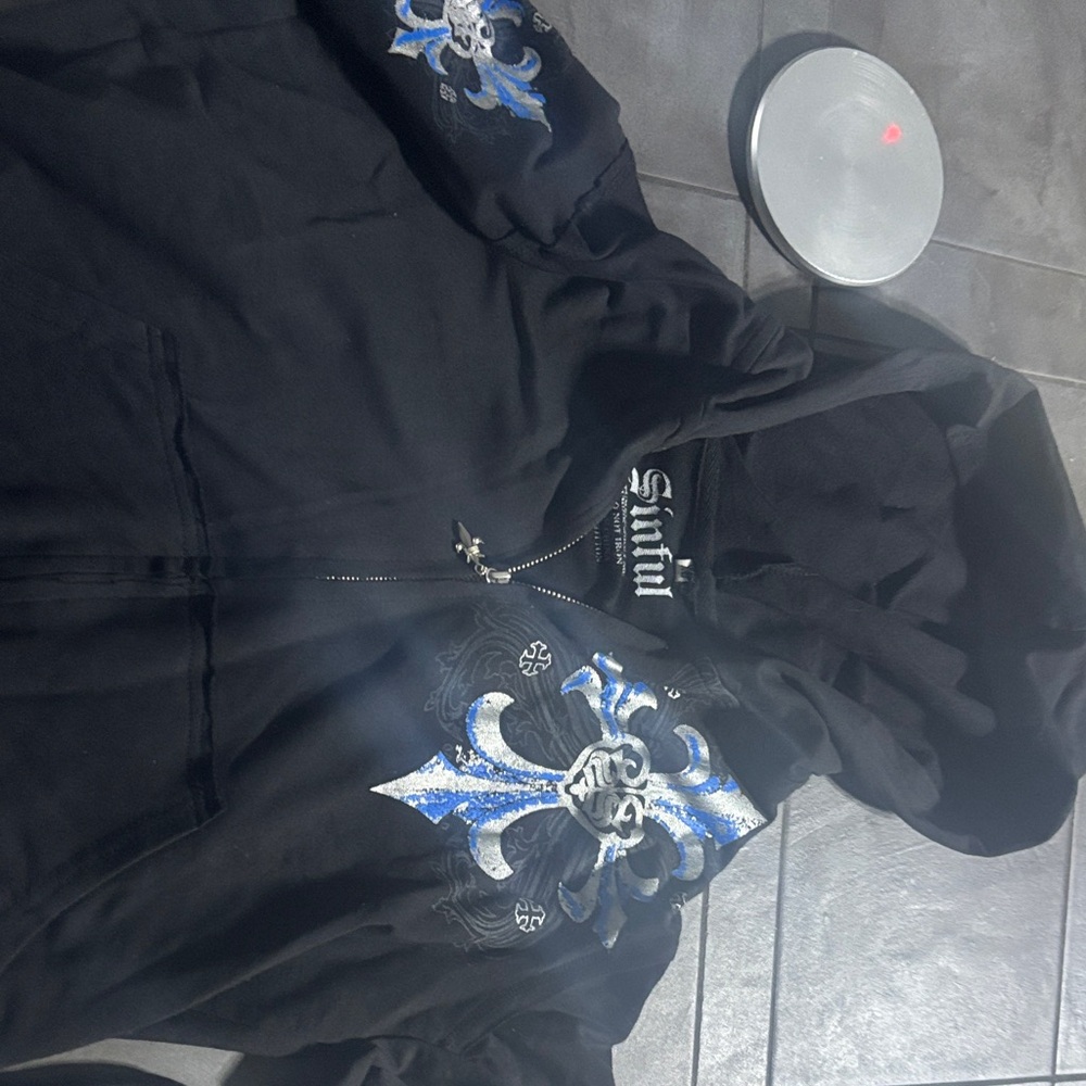 Sinful Black Hoodie with Blue and White Design and pants XL